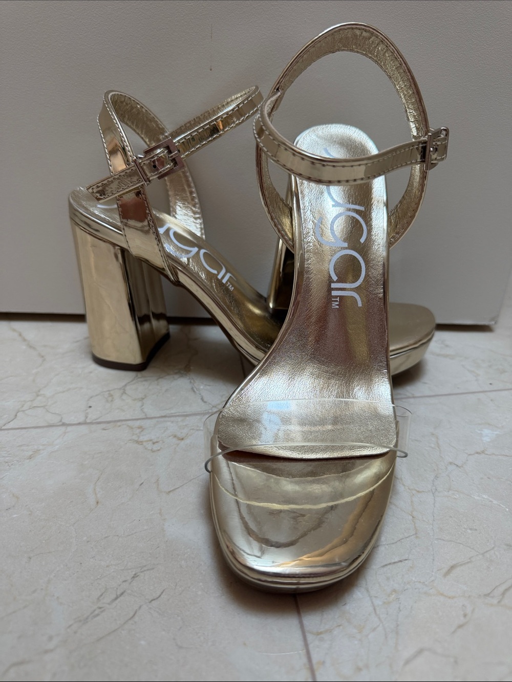 Sugar Gold Metallic Block Heel Sandals